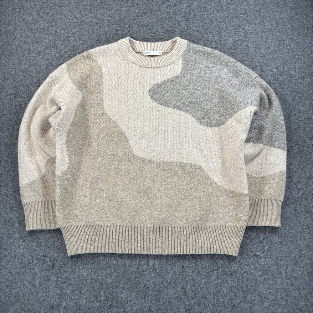 Oak + Fort Oversized Intarsia Knit Crewneck Sweater Beige Grey Women Small S
